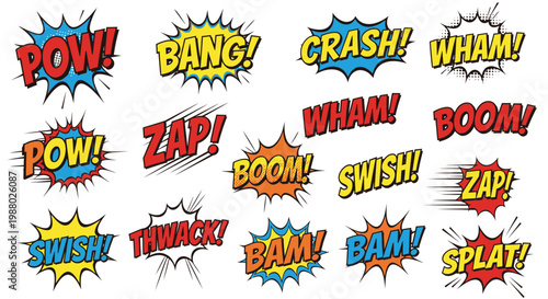 Colorful comic book sound effects and speech bubbles collection