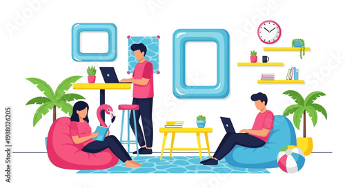 People working remotely in a relaxed home office environment.