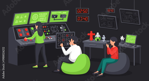 People working in a futuristic control room with advanced technology.