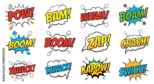 Colorful comic book sound effects and speech bubbles on white