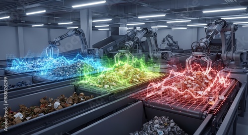 Robotic arms sorting waste on conveyor belts
