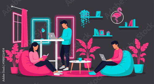 People working on laptops in a modern co-working space.