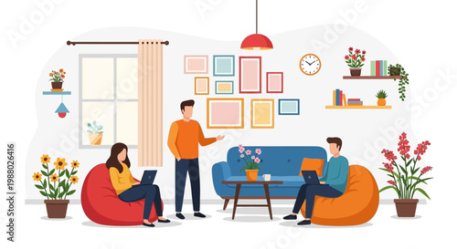 People working and relaxing in a modern living room.