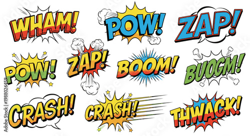 Colorful comic book sound effects collection on white background