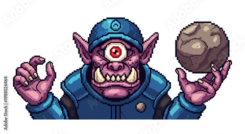 Pixel Art Cyclops Monster Holding Planetoid.