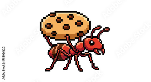 Pixel art ant carrying a large chocolate chip cookie.
