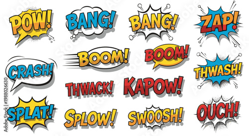 Colorful comic book sound effects on a white background