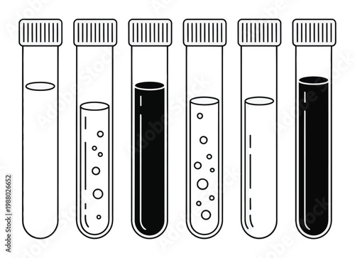 Six Test Tubes with Different Liquids and Bubbles