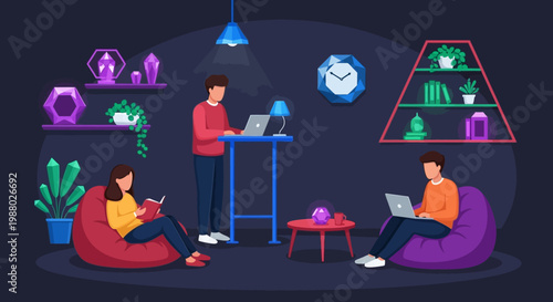 People working on laptops in a modern co-working space.