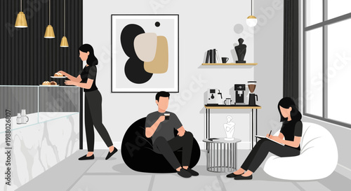 People Relaxing and Working in a Modern Cafe.