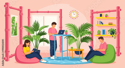 People working in a modern co-working space.