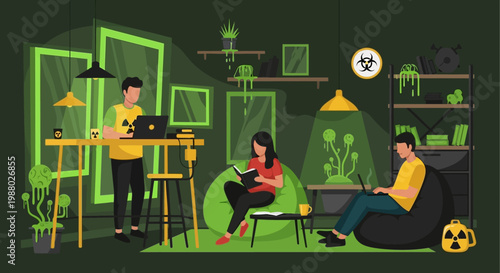 People working in a modern green office space.