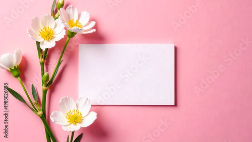 Business card mockup design with white chamomile flowers,branch top view. Greeting card template, invitation blank paper minimalist aesthetic composition. Pink background sunlight shadow.