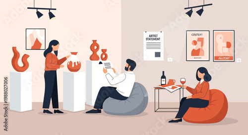 People enjoying art exhibition and relaxing.