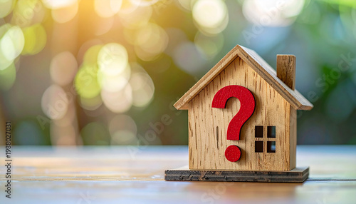 Miniature wooden house with red question mark, real estate property concept, soft blurred background, home and housing problem