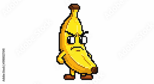 Pixel Art Angry Banana Character Standing Confidently.