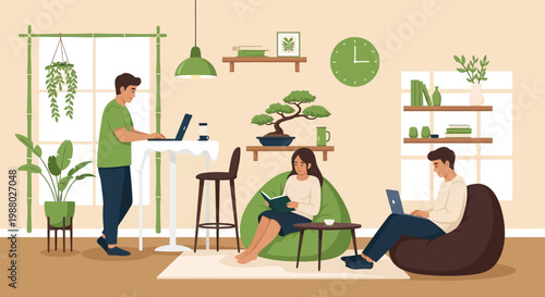People working and reading in a modern living room.