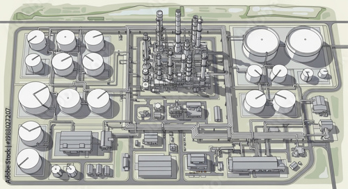 Aerial view of an industrial oil refinery complex with storage tanks and processing units.