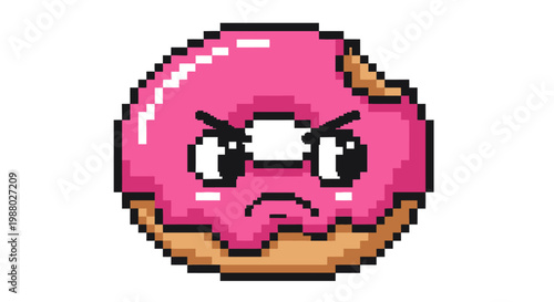 Pixel Art Angry Donut Character with Pink Icing.