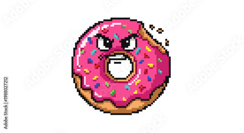 Pixel Art Angry Donut Character with Pink Frosting.