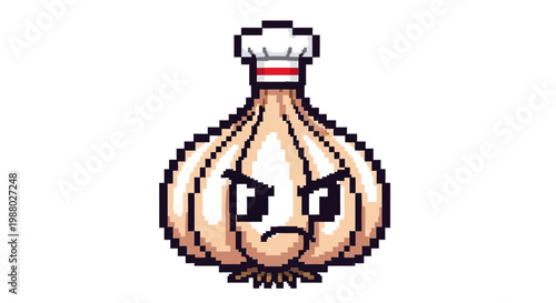 Pixel Art Angry Garlic Chef Character Illustration.