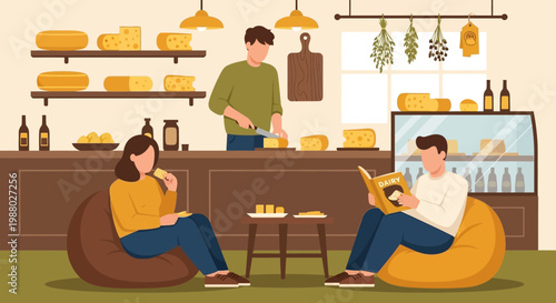 People enjoying cheese shop atmosphere and products.