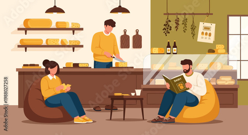 People enjoying cheese shop atmosphere and products.
