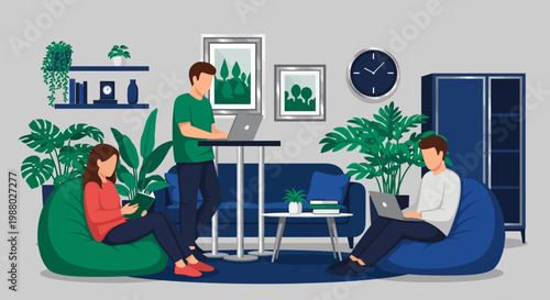 People working on laptops in a modern office space.