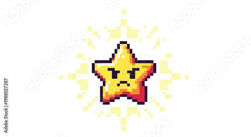 Pixel Art Angry Star Character Glowing Brightly.