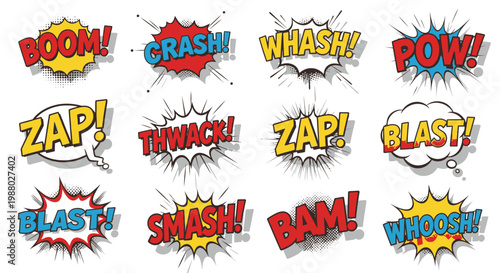 Colorful comic book sound effect bubbles on white background