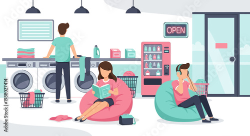 People relaxing at a laundromat while clothes are being washed.