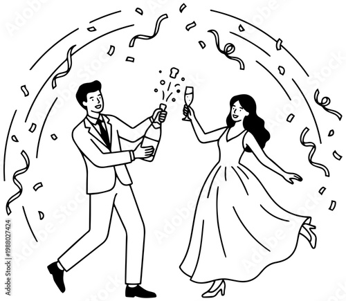 Happy man in a suit popping champagne while woman in a gown celebrates with a glass of sparkling