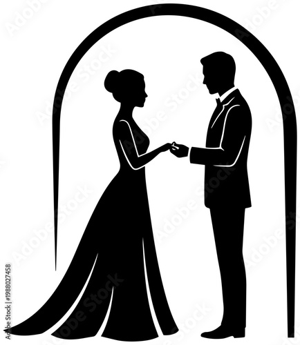 Elegant silhouette of a bride and groom exchanging wedding rings under a decorative arch for a romantic ceremony