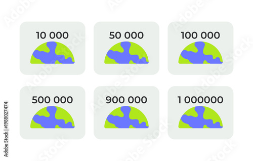 Population counters flat UI data visualization element set. Numeric metrics. Global statistics. Earth data. Minimal dashboard components. Isolated vector illustration pack. Solid color visual graphics