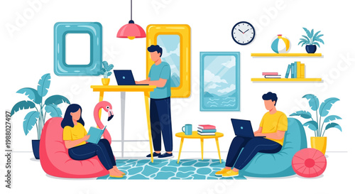 People working remotely in a comfortable home office environment.