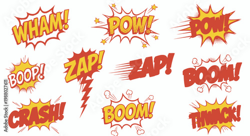 Colorful comic book sound effect bubbles with action words set