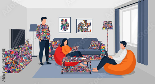 People Relaxing in a Colorful Living Room.