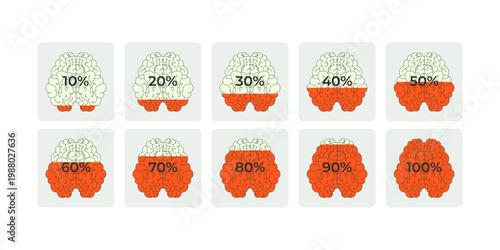Brain progress increasing percentage flat UI data visualization element set. Cognitive capacity. Mental load. Minimal dashboard components. Isolated vector illustration pack. Solid color graphics