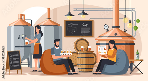 People enjoying craft beer in a modern brewery setting.