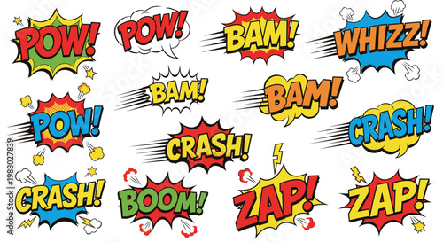 Colorful comic book sound effect bursts on white background