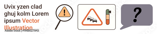 Traffic safety, hazard identification, road warning, information signs, risk management, education. Warning icons include exclamation sign, slippery road magnifier and question mark. Traffic safety