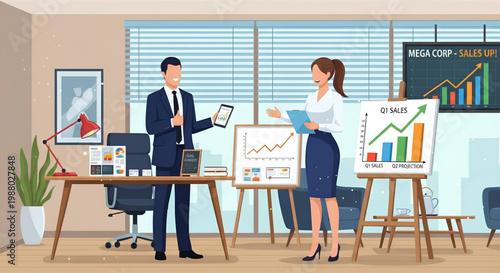 Professional business people analyzing sales growth data in a modern office environment, fostering team collaboration and strategic planning with insightful charts and graphs for corporate success