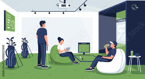 People enjoying indoor golf simulator experience together.