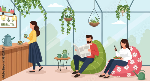 People relaxing in a modern greenhouse cafe.