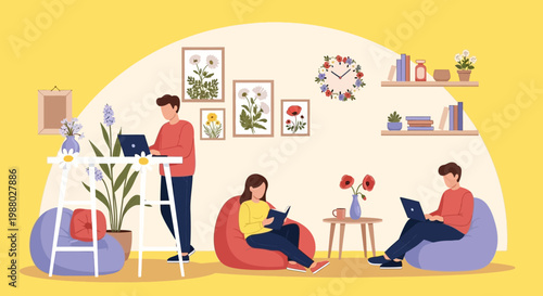 People working and relaxing in a cozy home office environment.