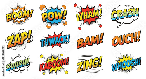 Colorful comic book sound effect bubbles with retro onomatopoeia words