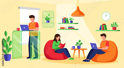 People working and relaxing in a cozy home office environment.