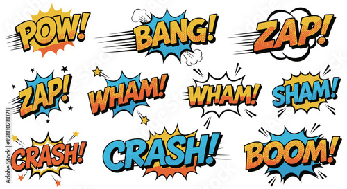 Colorful comic book sound effect collection in action bubbles