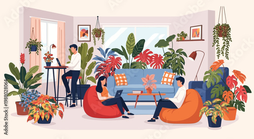 People relaxing in a modern living room filled with plants.