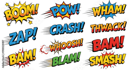 Colorful comic book sound effects set on white background